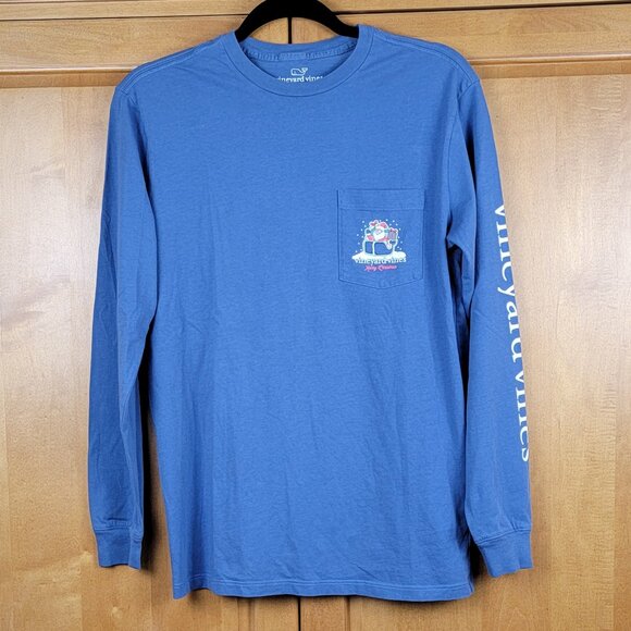 Vineyard Vines Blue Long Sleeve Pocket Tee Santa Sleigh Merry Christmas Tee - XS - Picture 3 of 8